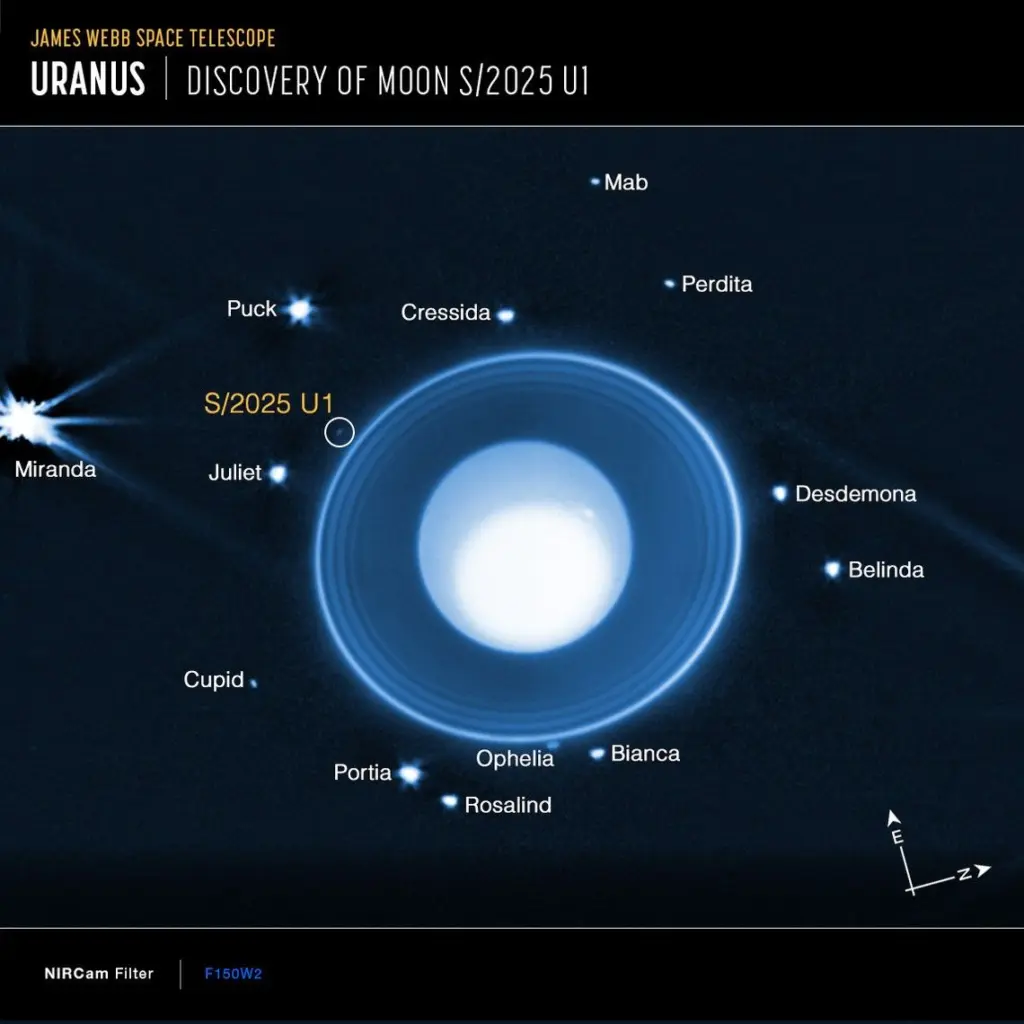 This image shows the moon, designated S/2025 U1, as well as 13 of the 28 other known moons orbiting the planet. Photo: NASA, ESA, CSA, STScI, M. El Moutamid (SwRI), M. Hedman (University of Idaho)