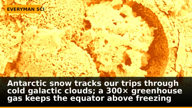 Antarctic snow tracks our trips through cold galactic clouds; a 300× greenhouse gas keeps the equator above freezing